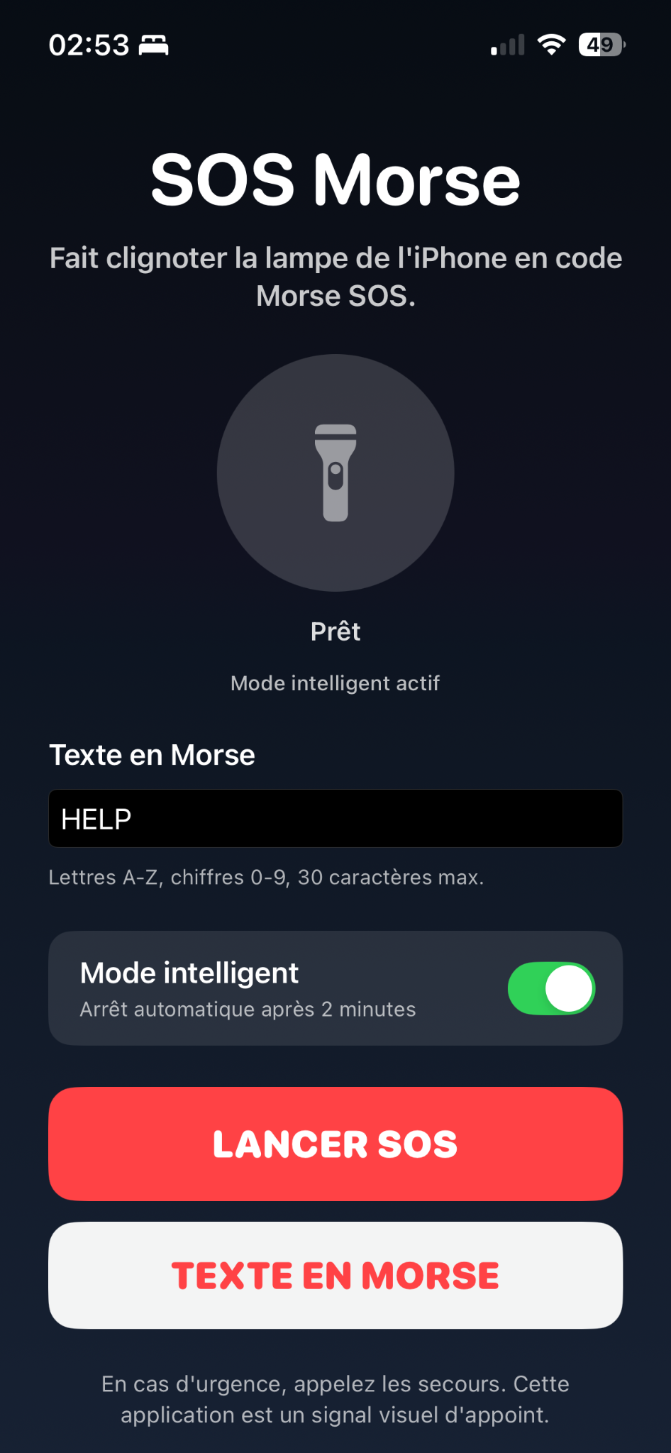 Ecran principal de l'application SOS Morse sur iPhone