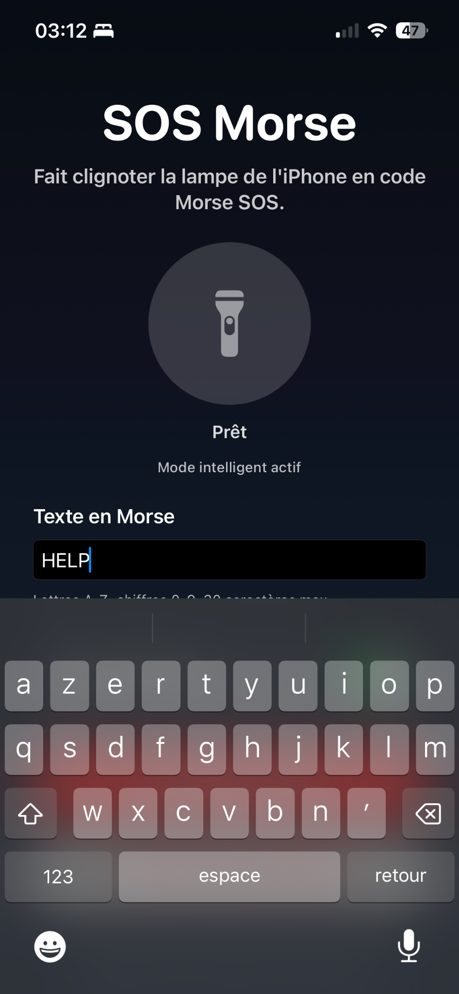 Capture de SOS Morse avec le champ texte et le clavier iPhone